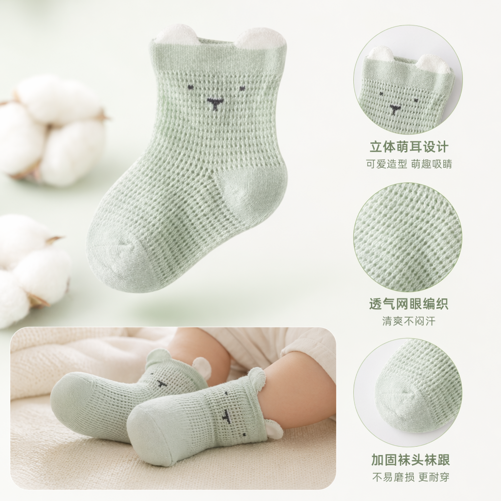 Light green knitted baby socks with ear and small face patterns, cute baby socks