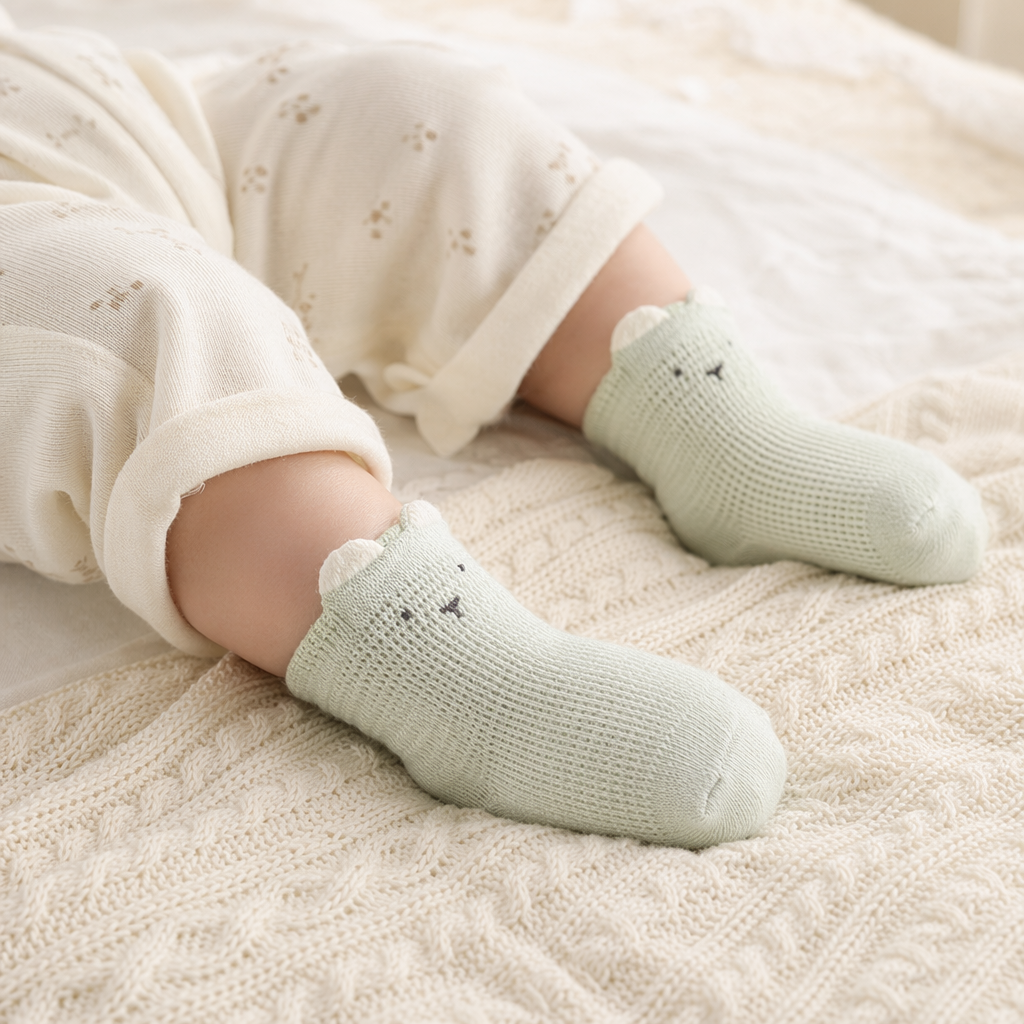 Light green knitted baby socks with ear and small face patterns, cute baby socks details Picture