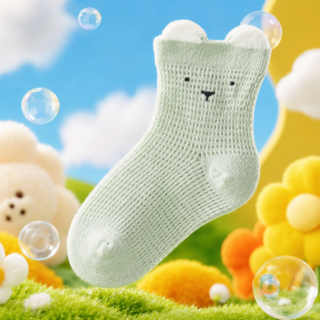 Light green knitted baby socks with ear and small face patterns, cute baby socks Specification image