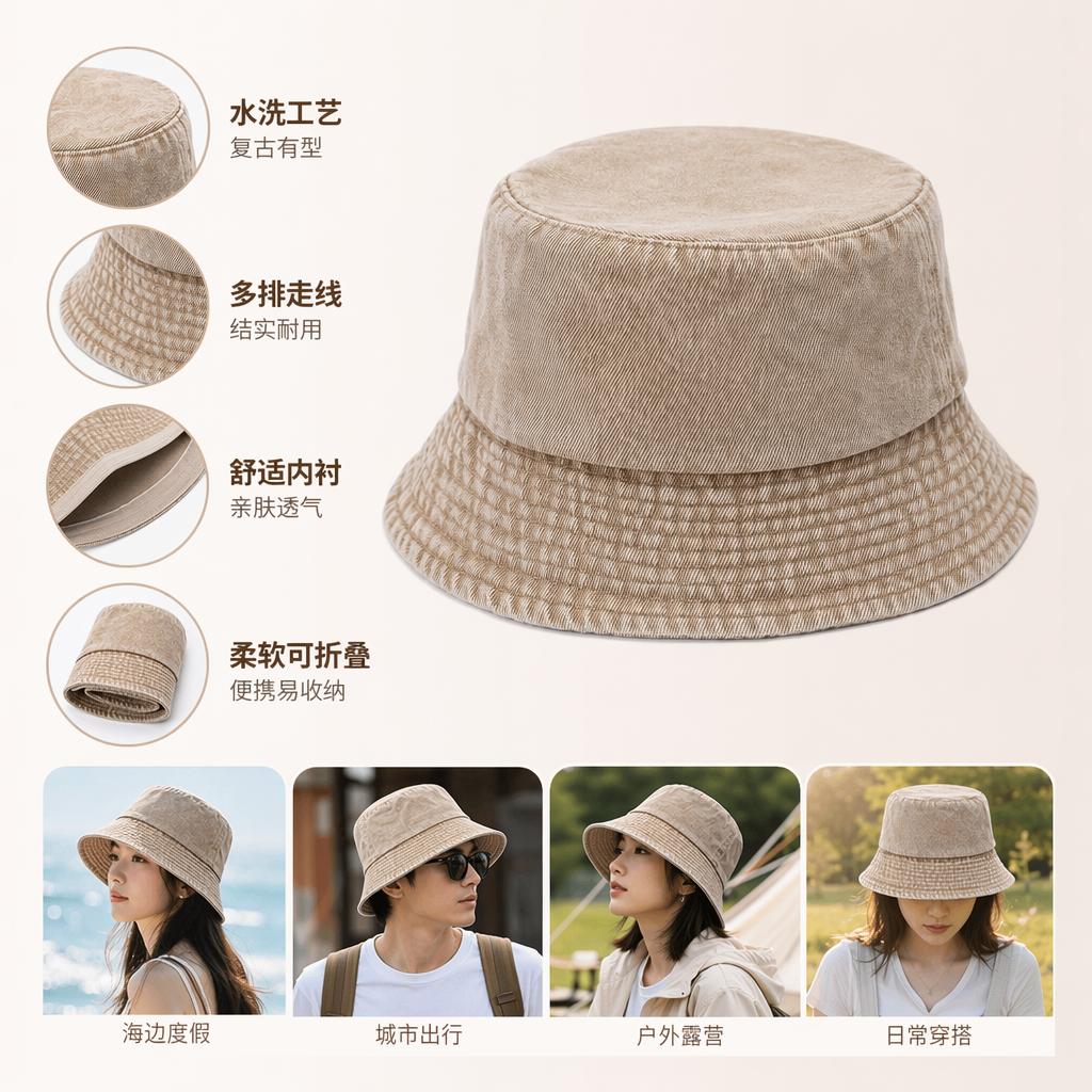 米色牛仔渔夫帽 女士休闲遮阳帽 春夏新款宽檐软顶