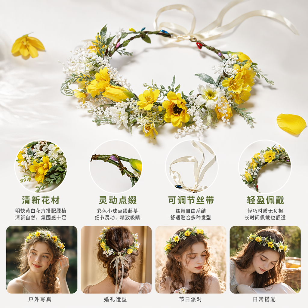 黄色向日葵白色小花装饰花环 仿真花手工编织头饰发饰