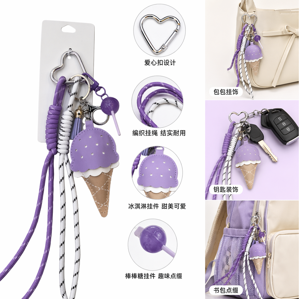 The cute and creative keychain in the shape of colorful ice cream is small and portable