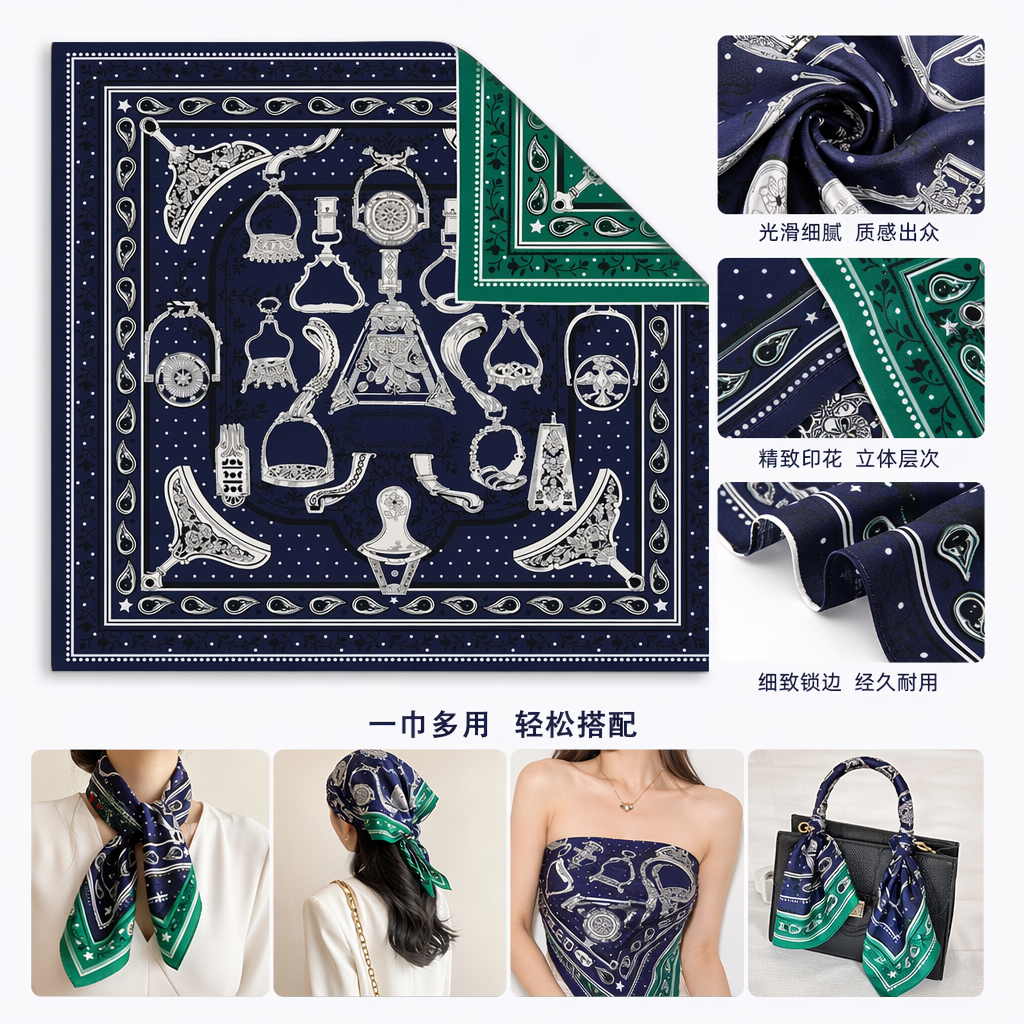 深蓝色白花纹方巾 银色马具图案 右上角绿边内衬