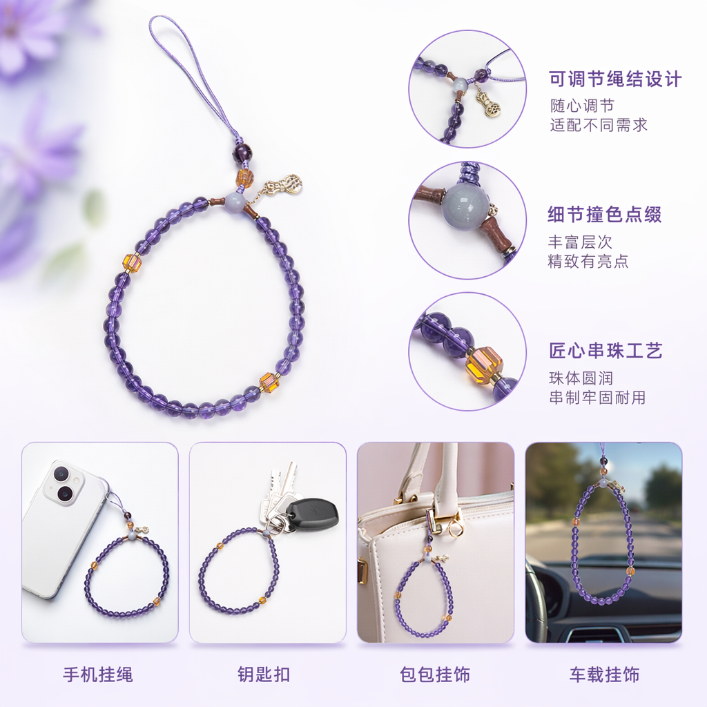 The purple beaded phone lanyard is fashionable, simple, anti-slip, durable and adjustable
