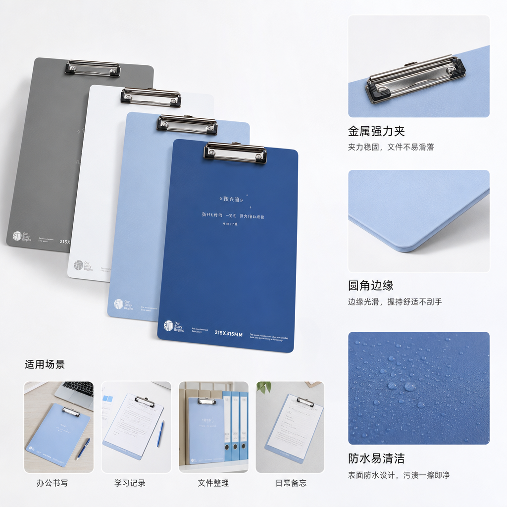 三色诗板夹 灰色白色蓝色简约桌面整理办公文具