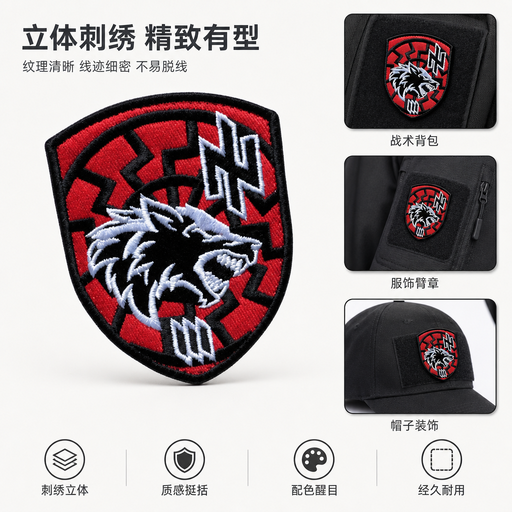 红色盾形徽章 狼头浮雕设计 Z标军事风胸章 收藏演出道具刺绣补贴
