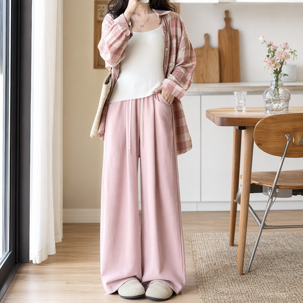 Pink wide-leg pants are high-waisted and slimming casual pants for women details Picture