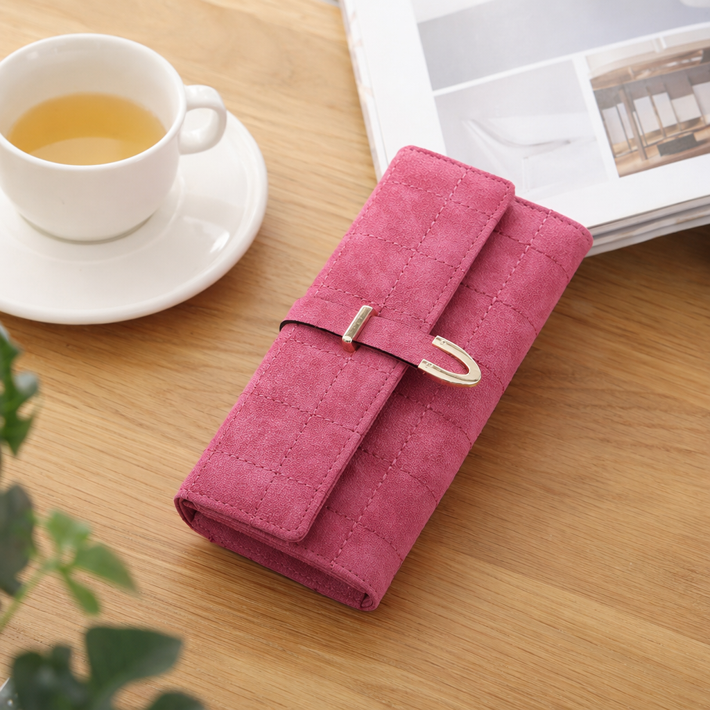 Pink diamond-patterned genuine leather wallet for ladies, simple and fashionable, small and short style details Picture