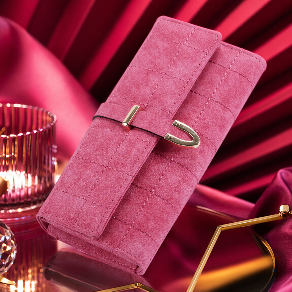 Pink diamond-patterned genuine leather wallet for ladies, simple and fashionable, small and short style Specification image