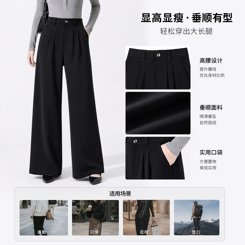 Black high-waisted wide-leg pants with a flowing feel make women look slimmer and are versatile and casual