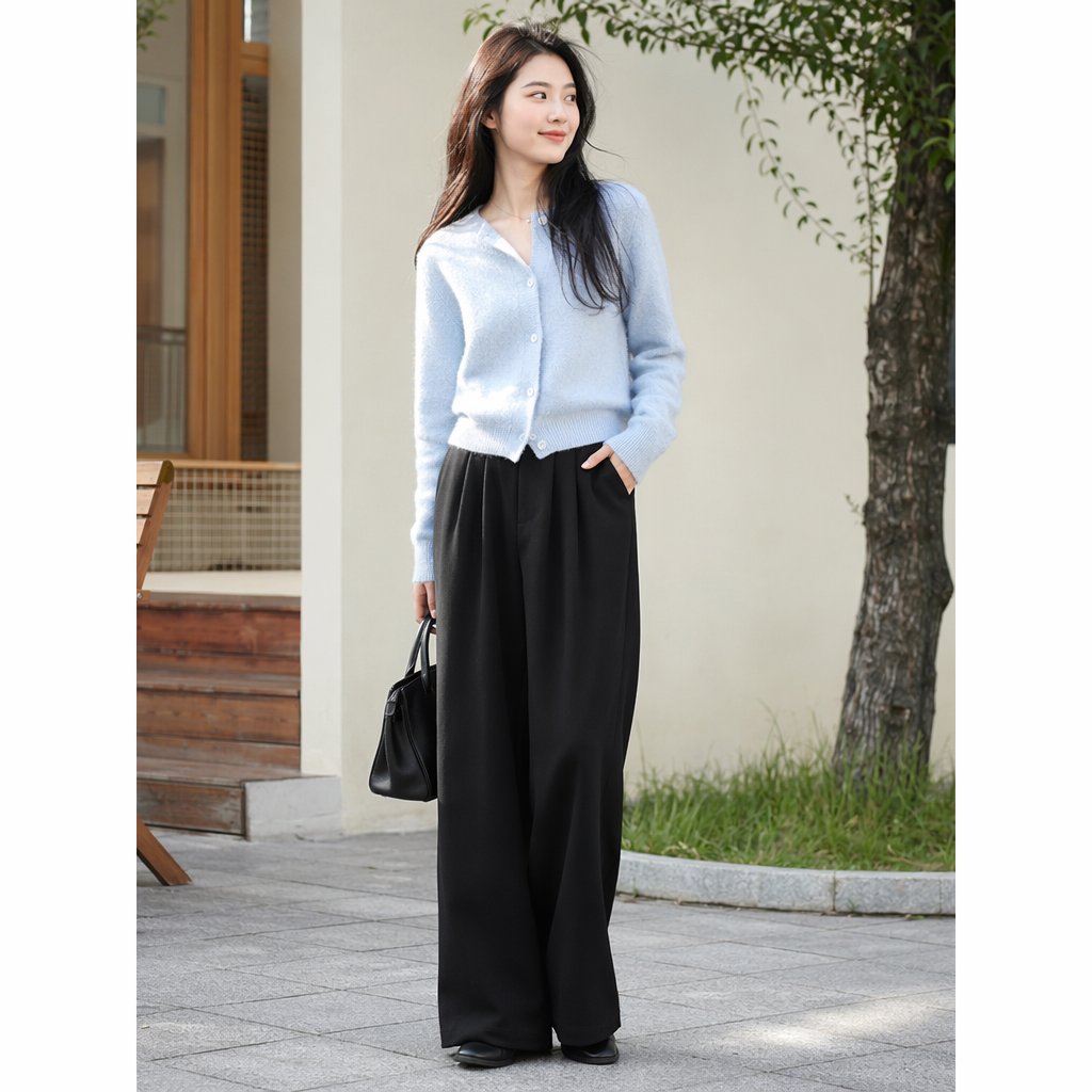 Black high-waisted wide-leg pants with a flowing feel make women look slimmer and are versatile and casual details Picture