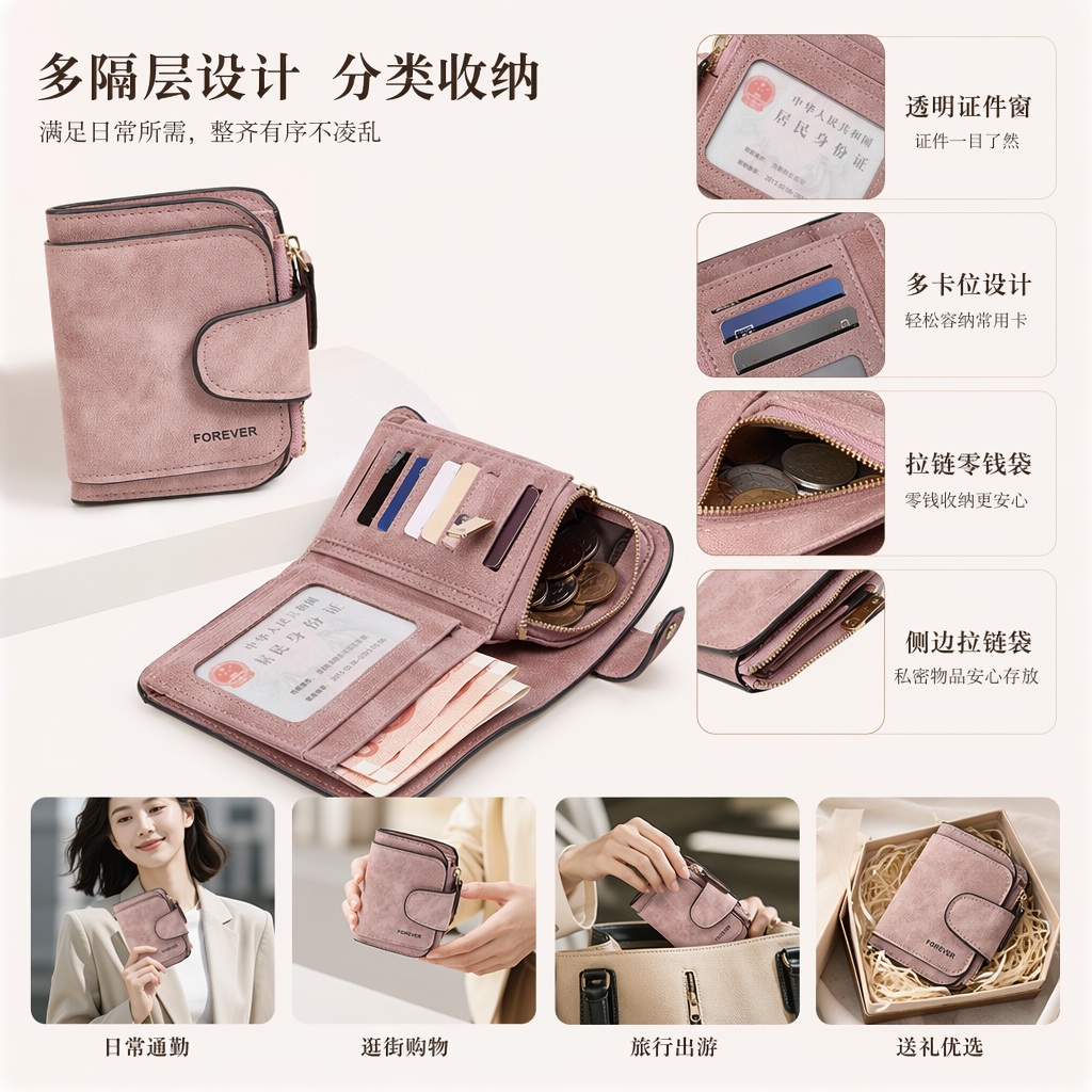 粉色真皮女士钱包简约时尚小款长款多卡位