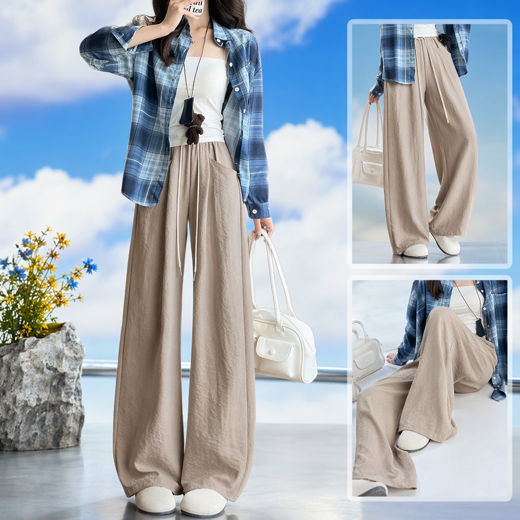 A fashionable look for women with a blue and white checkered shirt paired with beige wide-leg pants Specification image