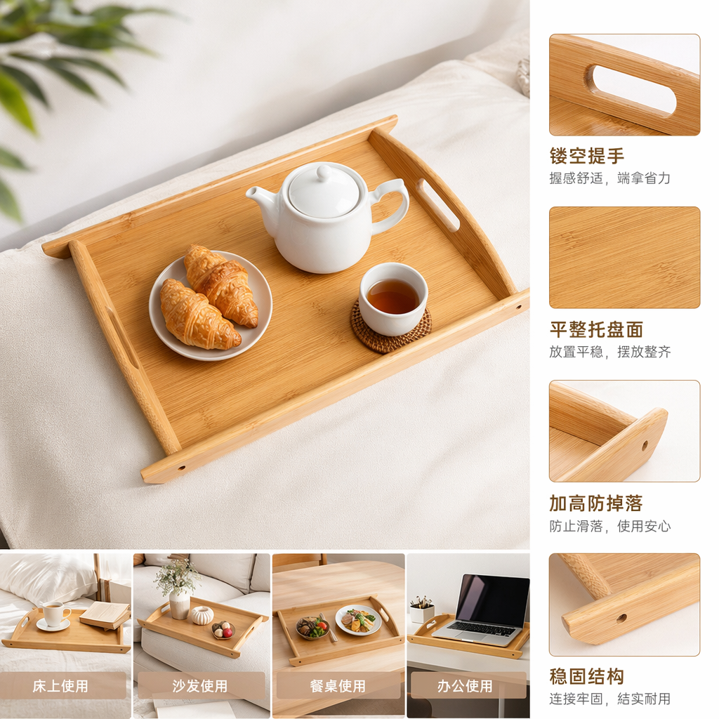浅色竹制双耳托盘天然环保家用茶几收纳盘