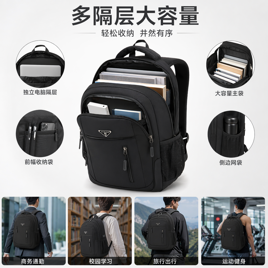 黑色双肩包高弹力涤纶耐磨通勤上学日常背包