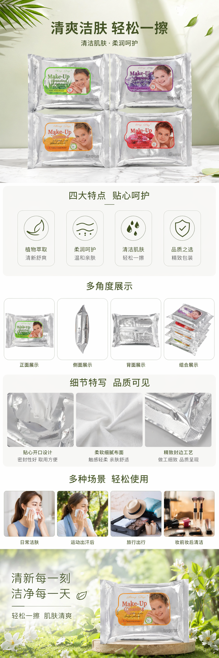 银色包装袋卸妆湿巾温和清洁脸部彩妆可卸防水详情1