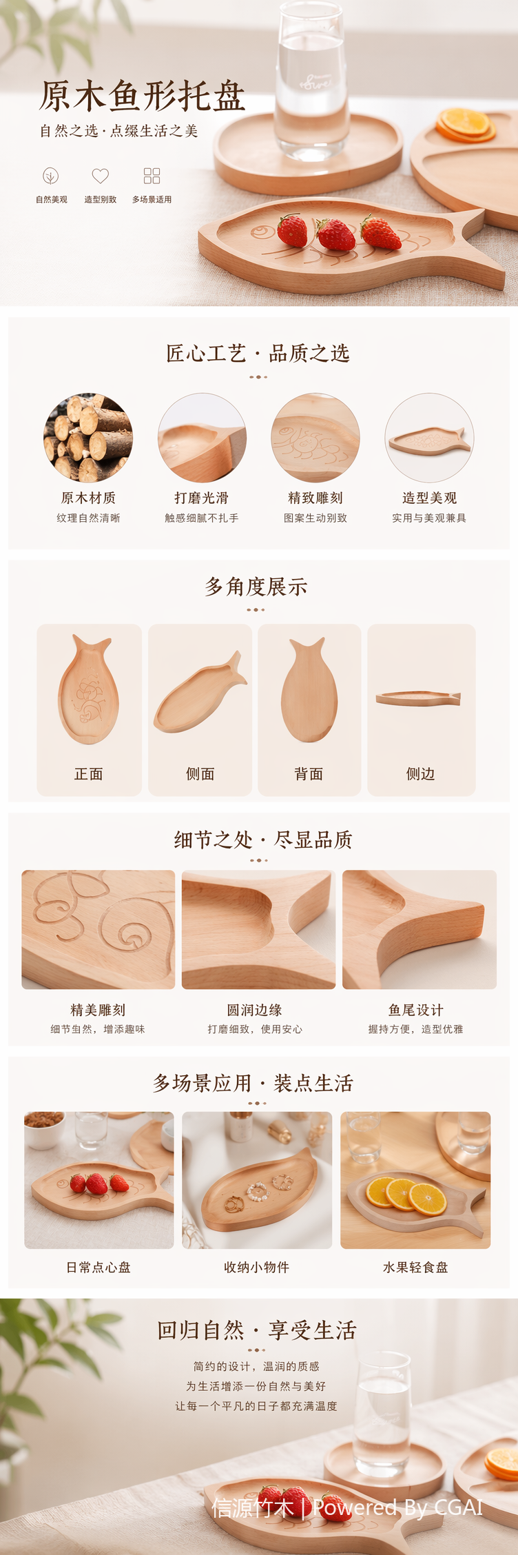 木质鱼形托盘圆形木盘配玻璃水杯家居茶几收纳摆件 pic 1