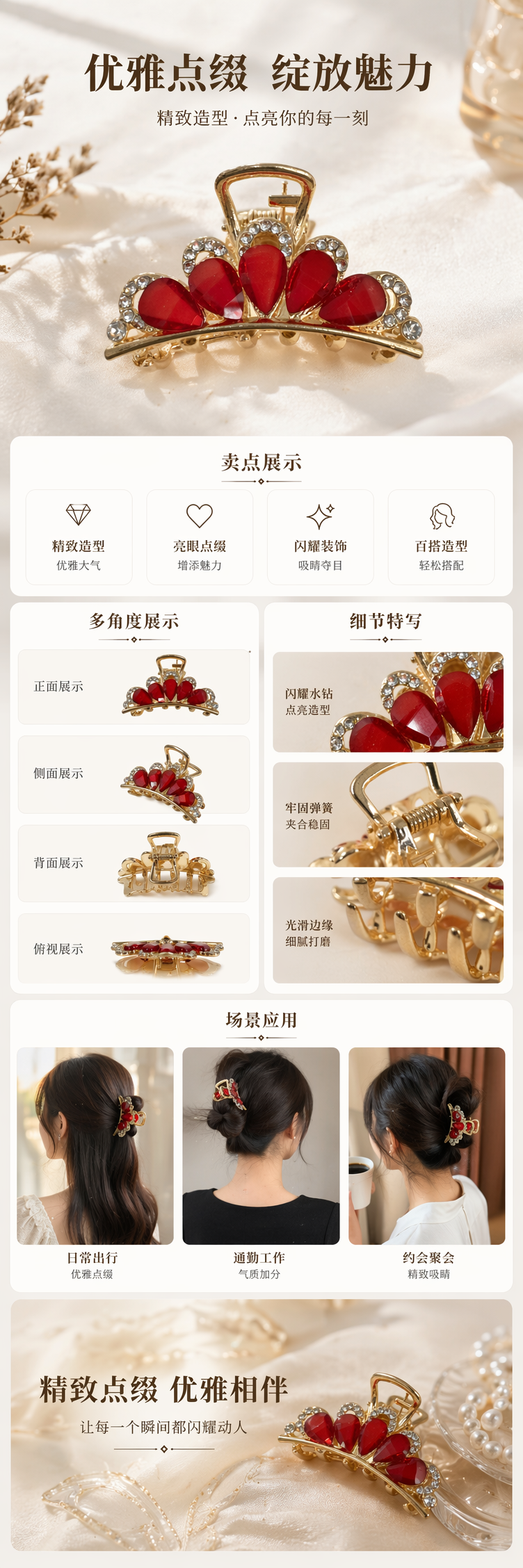 金色镶钻红心发夹 时尚甜美女生头饰饰品详情1