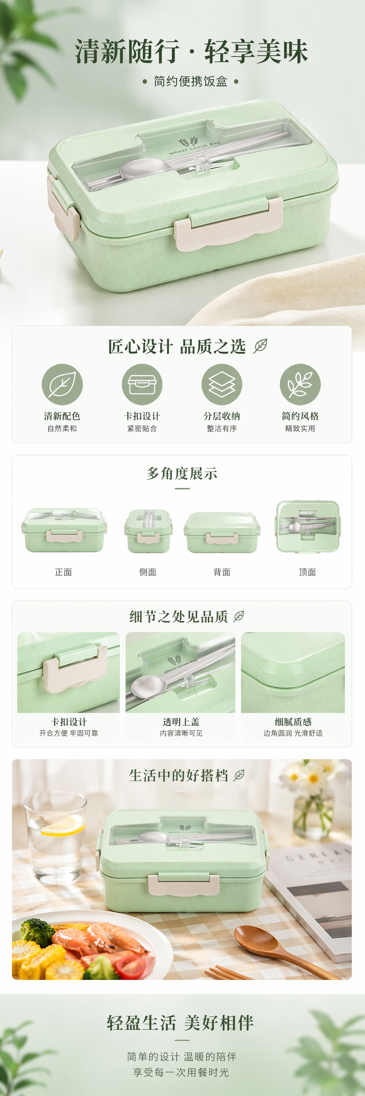 浅绿色便当盒餐盒家用环保塑料饭盒带盖密封保鲜详情1