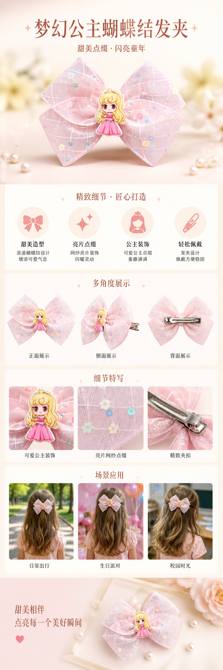 粉色蝴蝶结发夹 小女孩可爱甜美头饰 女童扎发饰品详情1