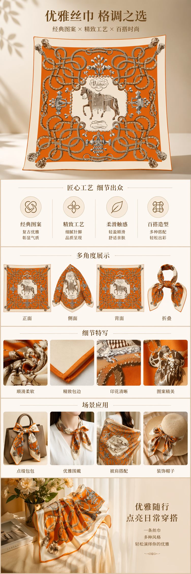 橙色背景丝巾 棕色马匹图案 绳结金属饰件 Palefroi Paris详情1