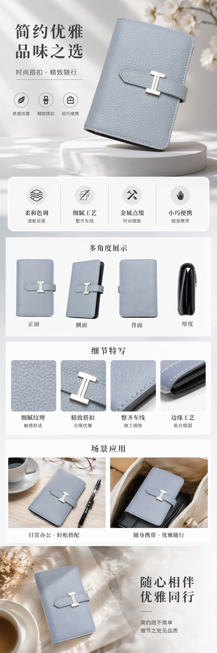 浅灰色纹理皮质钱包配银色H形金属扣 pic 1