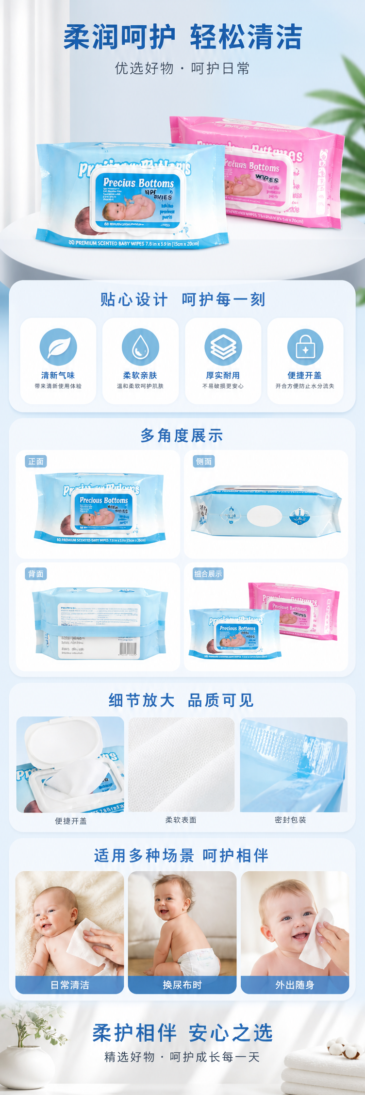Precious Bottoms WIPES婴儿湿巾蓝色粉色包装详情1