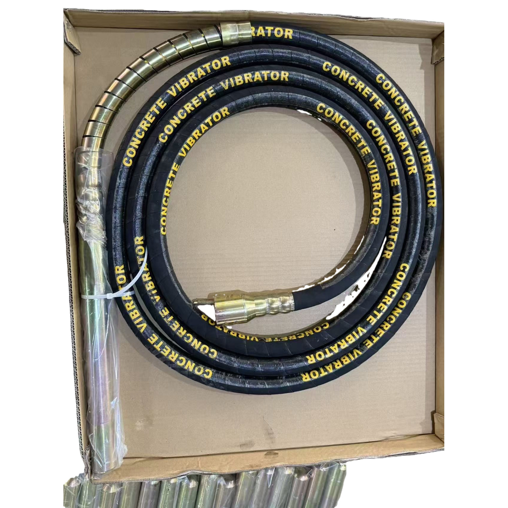 Black hose concrete vibrator with brass joint and metal vibration rod marked with yellow Item Picture
