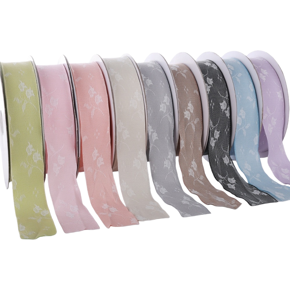 Dingxin double-layer plain lace ribbons, hollowed-out lace floral prints, handmade diy hair accessories, bow ribbons wholesale Item Picture