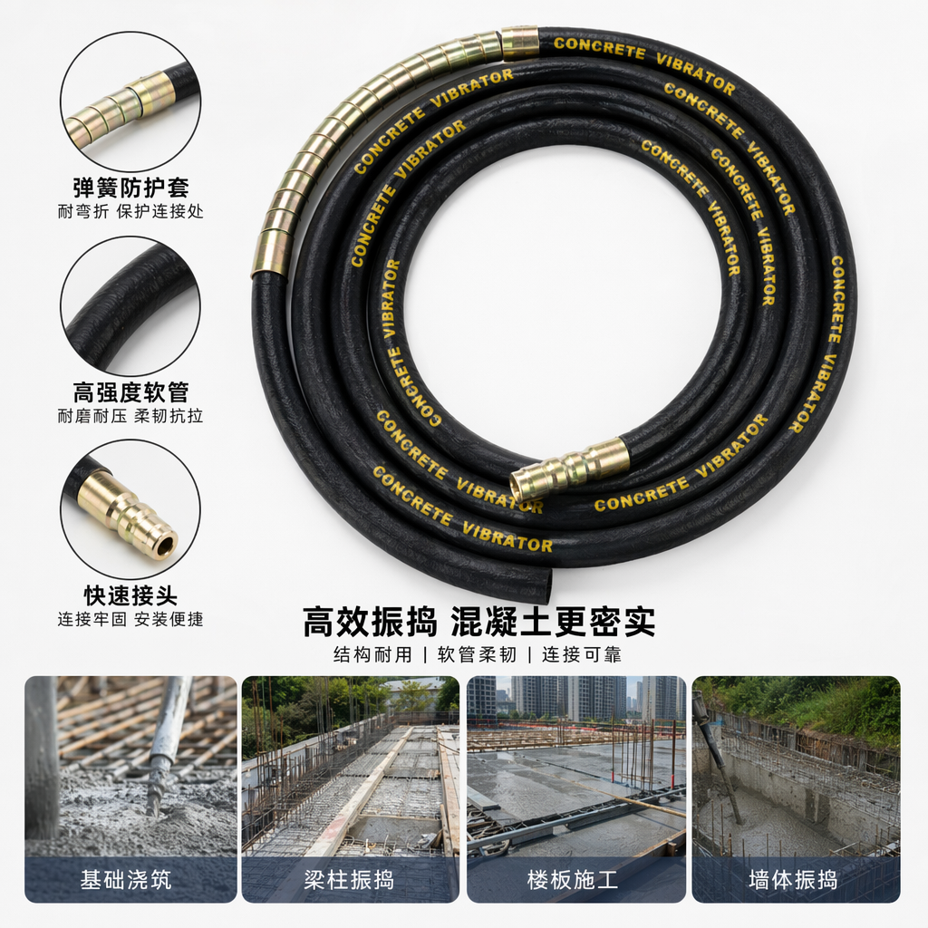 Black hose concrete vibrator with brass joint and metal vibration rod marked with yellow