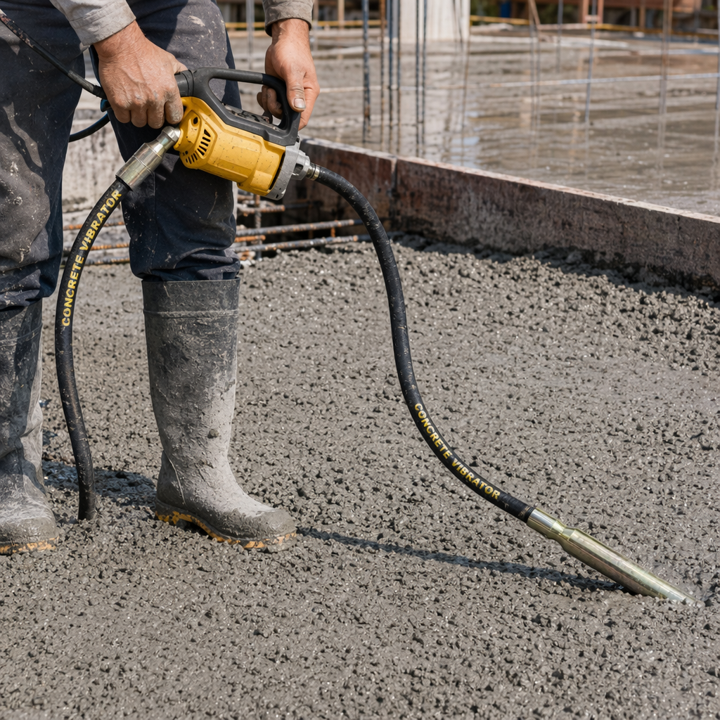 Black hose concrete vibrator with brass joint and metal vibration rod marked with yellow details Picture