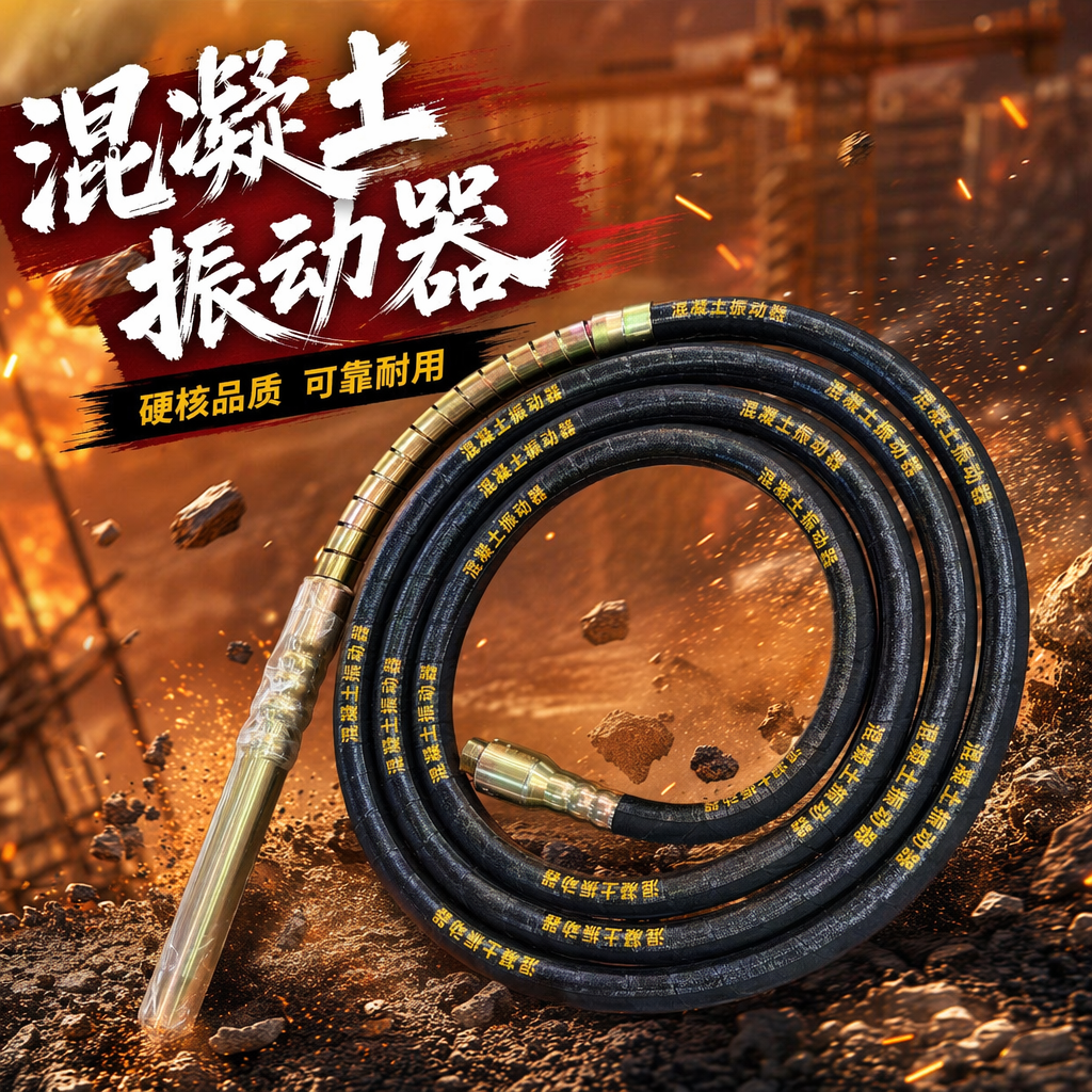 Black hose concrete vibrator with brass joint and metal vibration rod marked with yellow Specification image
