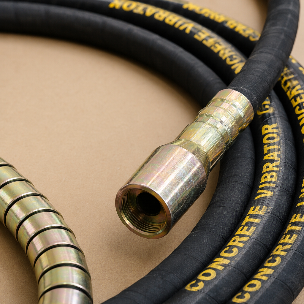 Black hose concrete vibrator with brass joint and metal vibration rod marked with yellow Application Scenario