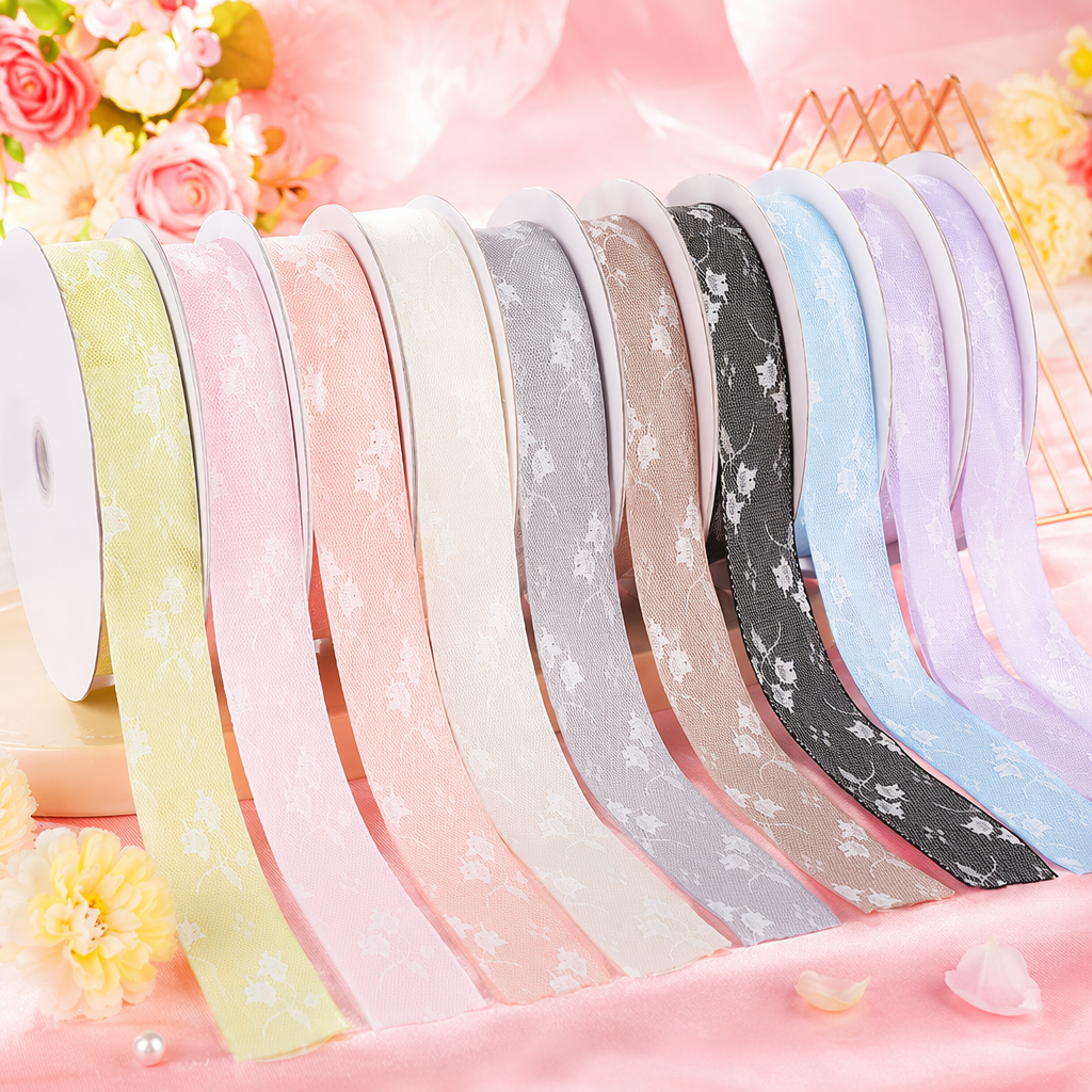Dingxin double-layer plain lace ribbons, hollowed-out lace floral prints, handmade diy hair accessories, bow ribbons wholesale Specification image
