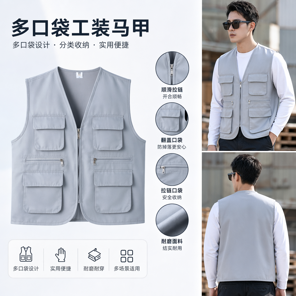 A thick, multi-pocket casual and versatile grey workwear vest for men in autumn and winter