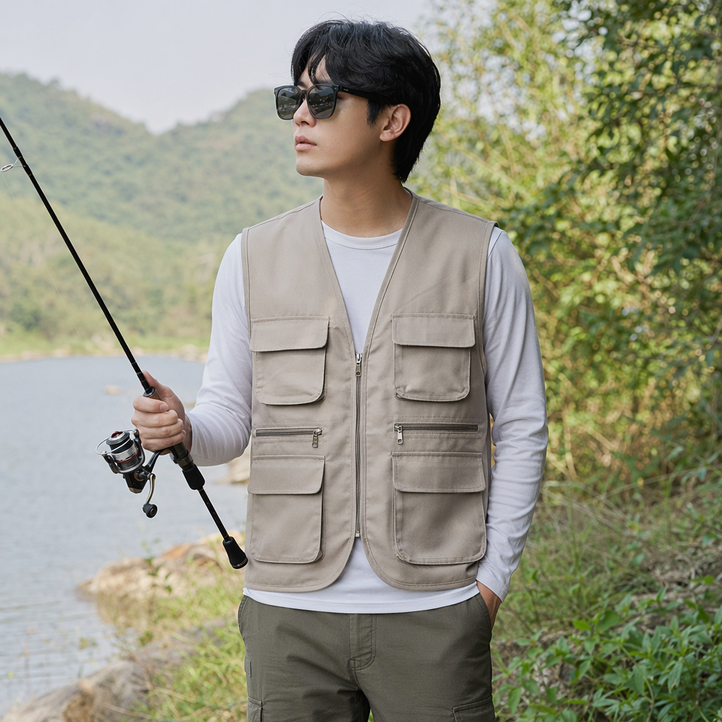 A thick, multi-pocket casual and versatile grey workwear vest for men in autumn and winter details Picture