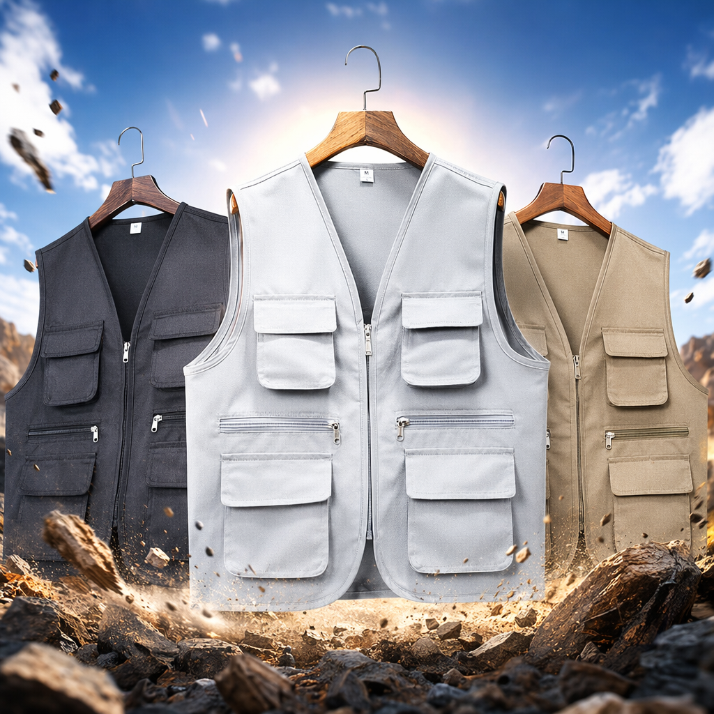 A thick, multi-pocket casual and versatile grey workwear vest for men in autumn and winter Specification image