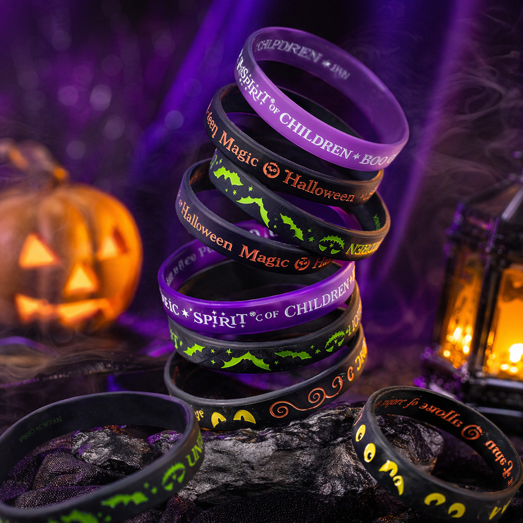 Black and purple Halloween silicone wristband stacked theme accessory Specification image