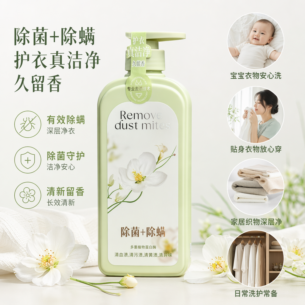 浅绿色按压瓶装洗衣液 温和洁净衣物柔顺去污