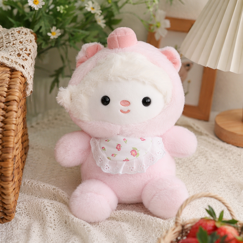 Pink plush toy bear, cute throw pillow, plush doll, soft and adorable bedroom decoration details Picture