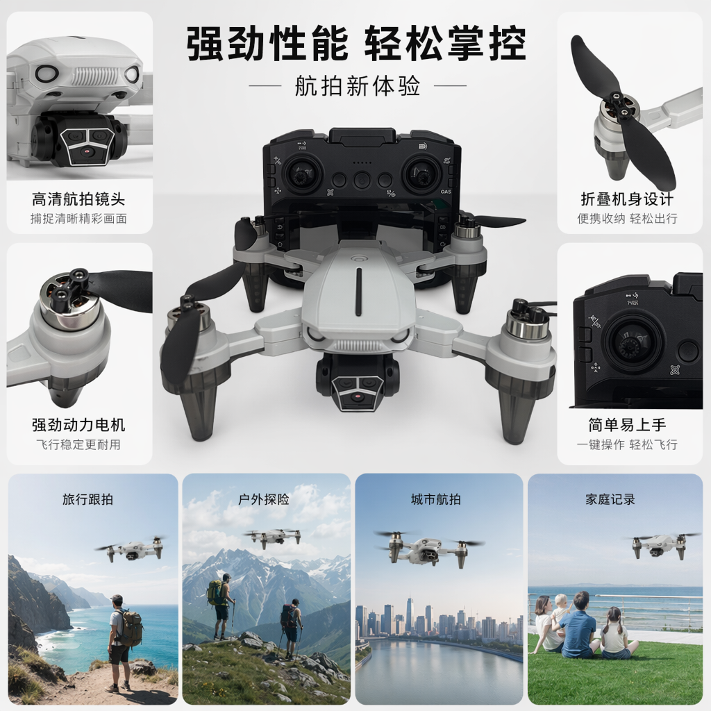 白色无人机带遥控器航拍稳定高清可折叠便携