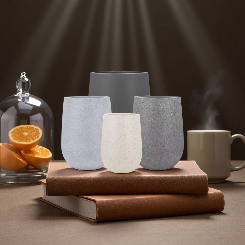 A variety of specifications of grey cement-textured flower POTS are available for indoor and balcony decoration
