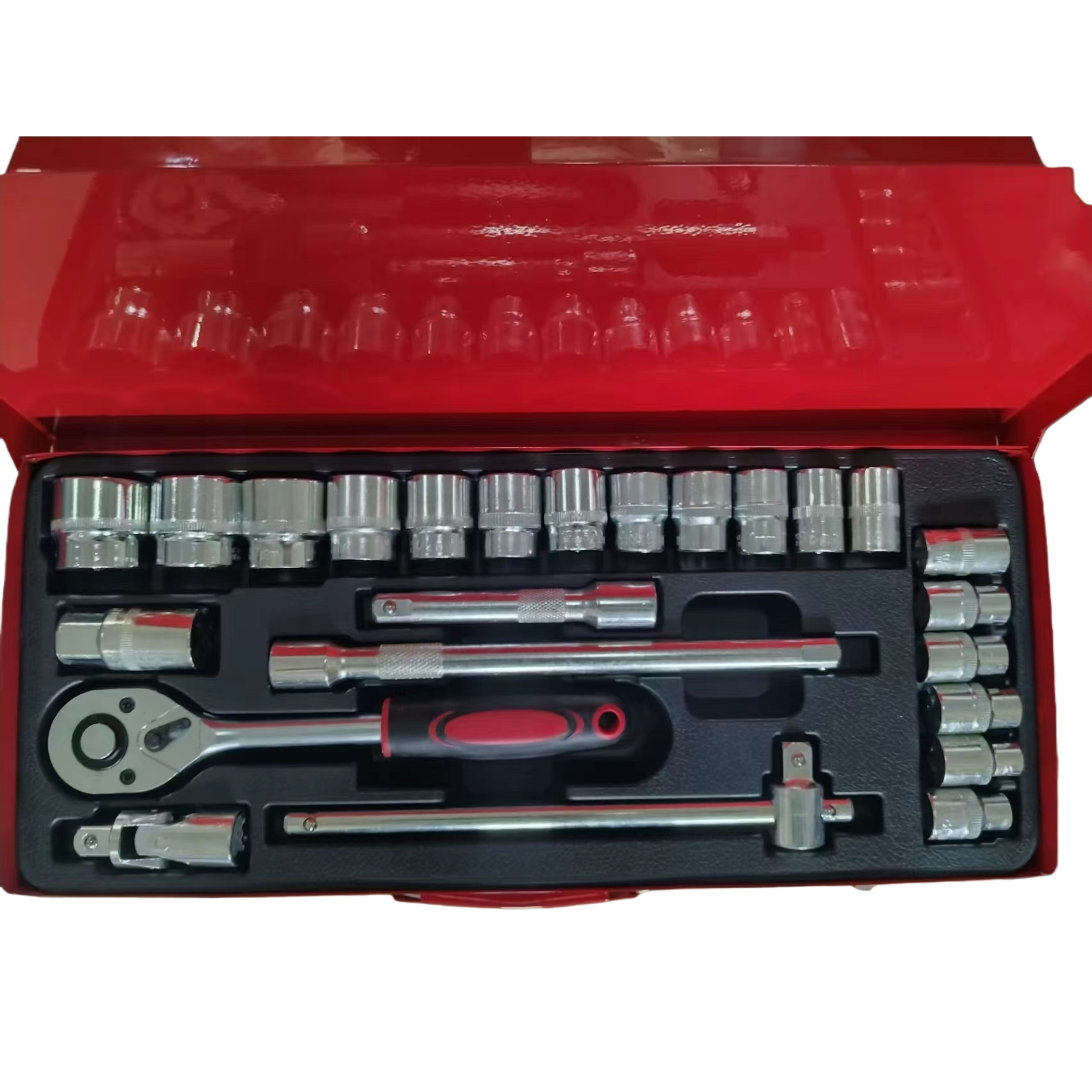 The red toolbox set includes a silver socket wrench for multi-functional home repair 24pc Item Picture