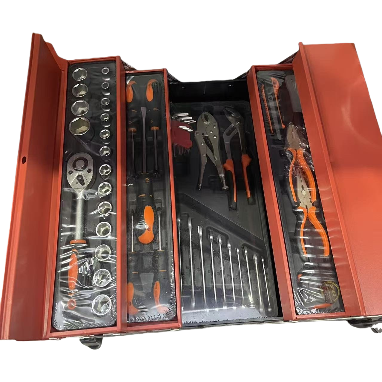 The red toolbox set contains multiple practical tool home repair storage boxes 85pc Item Picture