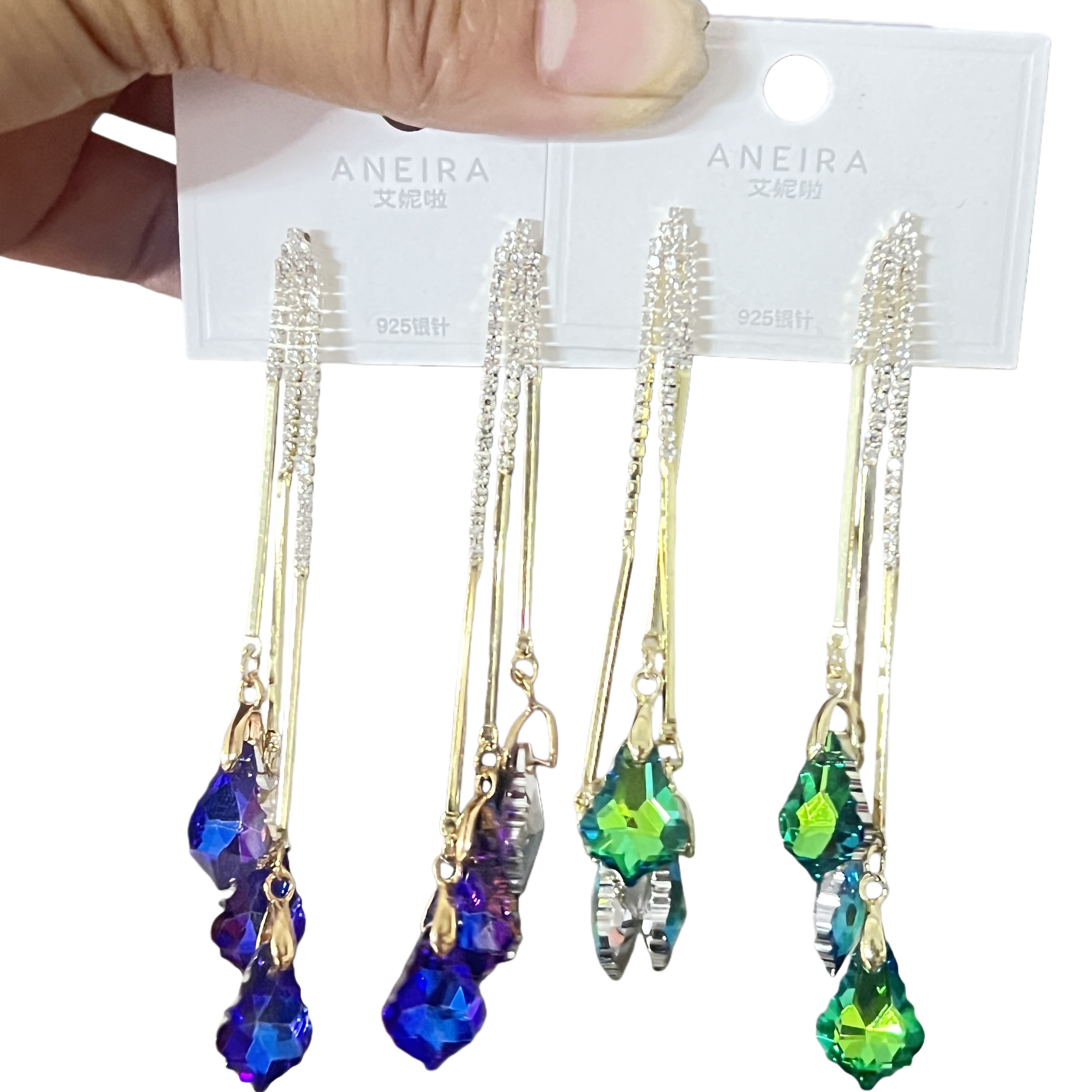 Colorful crystal tassel earrings, fashionable and light luxury women's earrings, vintage accessories Item Picture