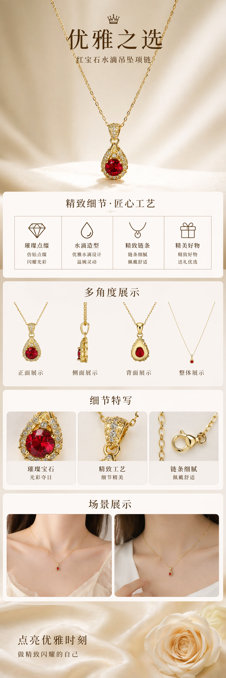金色项链配红色宝石吊坠 时尚简约女士饰品 pic 1