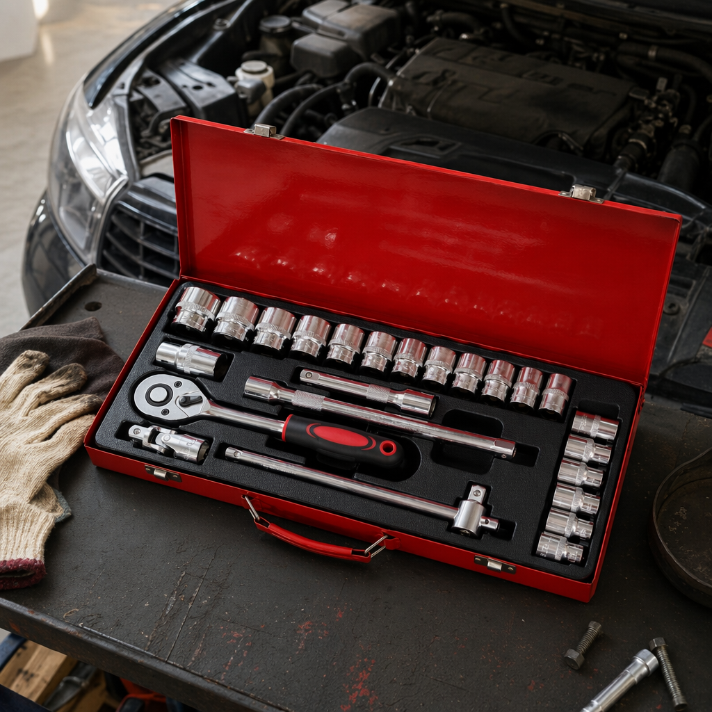 The red toolbox set includes a silver socket wrench for multi-functional home repair 24pc details Picture