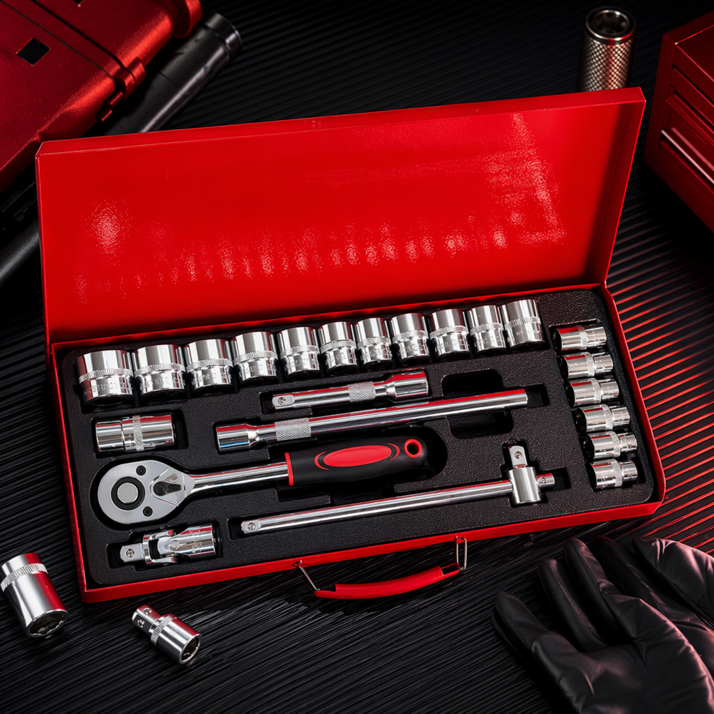 The red toolbox set includes a silver socket wrench for multi-functional home repair 24pc Specification image