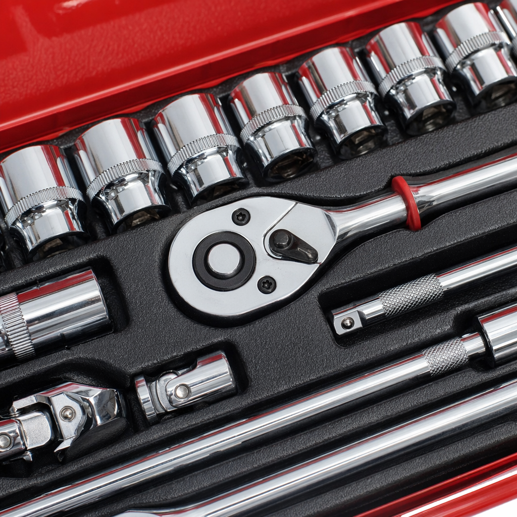 The red toolbox set includes a silver socket wrench for multi-functional home repair 24pc Application Scenario