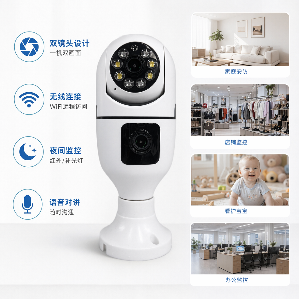 白色双镜头监控摄像头 高清夜视广角家用室外防水